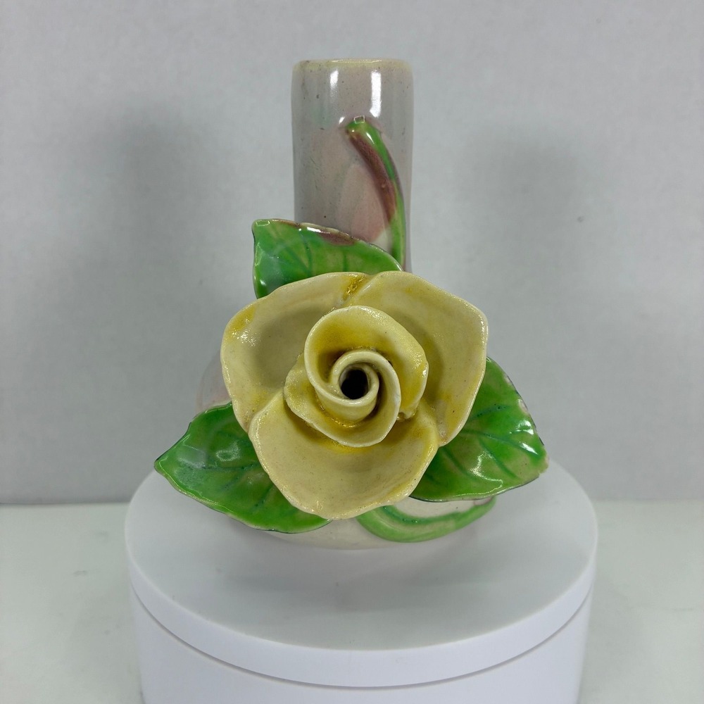 Vintage Made in Occupied Japan Ceramic Bud Vase Yellow Rose Floral 3D Detail